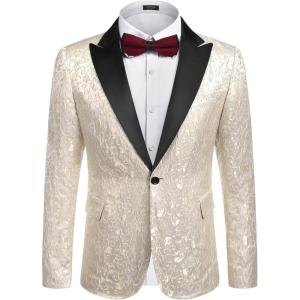 imageCOOFANDY Mens Floral Tuxedo One Button Luxury Shiny Blazer Dinner Party Prom Wedding Suit Jacket1  Beige White