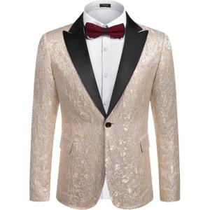 imageCOOFANDY Mens Floral Tuxedo One Button Luxury Shiny Blazer Dinner Party Prom Wedding Suit Jacket1  Golden