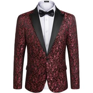 imageCOOFANDY Mens Floral Tuxedo One Button Luxury Shiny Blazer Dinner Party Prom Wedding Suit Jacket1  Red