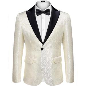 imageCOOFANDY Mens Floral Tuxedo One Button Luxury Shiny Blazer Dinner Party Prom Wedding Suit Jacket6  White