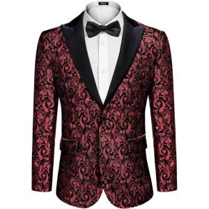 imageCOOFANDY Mens Floral Tuxedo One Button Luxury Shiny Blazer Dinner Party Prom Wedding Suit Jacket6  Wine Red