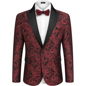 imageCOOFANDY Mens Floral Tuxedo One Button Luxury Shiny Blazer Dinner Party Prom Wedding Suit JacketRed Floral