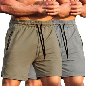 imageCOOFANDY Mens Gym Workout Shorts Athletic Training Shorts Fitted Weightlifting Bodybuilding Shorts with Zipper Pockets2 Pack KhakiGrey