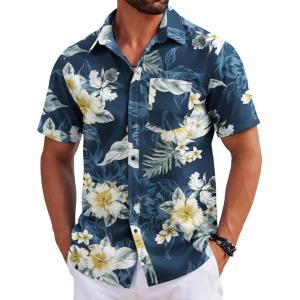 imageCOOFANDY Mens Hawaiian Shirts Short Sleeve Tropical Button Down Shirts Floral Summer Beach ShirtBlack  White Leaf