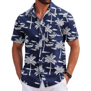 imageCOOFANDY Mens Hawaiian Shirts Short Sleeve Tropical Button Down Shirts Floral Summer Beach ShirtDark Blue  Palm Tree
