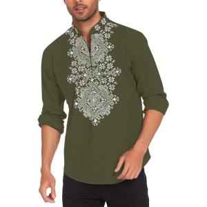 imageCOOFANDY Mens Henley Shirt Vyshyvanka Long Sleeve African Print Shirts Casual Zip Up Cotton Linen Beach Hippie ShirtArmy Green