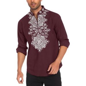 imageCOOFANDY Mens Henley Shirt Vyshyvanka Long Sleeve African Print Shirts Casual Zip Up Cotton Linen Beach Hippie ShirtDark Red