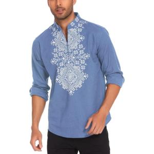 imageCOOFANDY Mens Henley Shirt Vyshyvanka Long Sleeve African Print Shirts Casual Zip Up Cotton Linen Beach Hippie ShirtDenim Blue