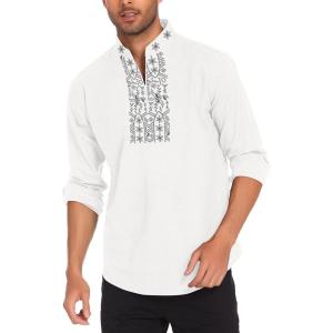 imageCOOFANDY Mens Henley Shirt Vyshyvanka Long Sleeve African Print Shirts Casual Zip Up Cotton Linen Beach Hippie ShirtLeaves Print