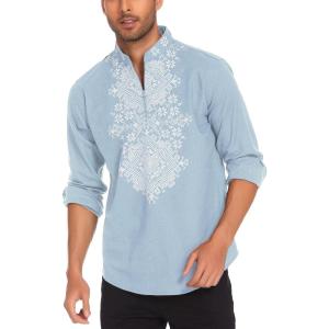 imageCOOFANDY Mens Henley Shirt Vyshyvanka Long Sleeve African Print Shirts Casual Zip Up Cotton Linen Beach Hippie ShirtLight Blue