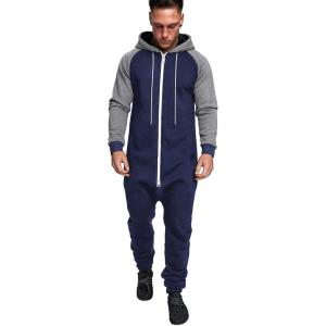 imageCOOFANDY Mens Jumpsuit Onesie Rompers Drawtsring Hooded Full Zip One Piece Tracksuit with PocketsNavy Blue  Grey