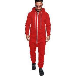 imageCOOFANDY Mens Jumpsuit Onesie Rompers Drawtsring Hooded Full Zip One Piece Tracksuit with PocketsSolid Red