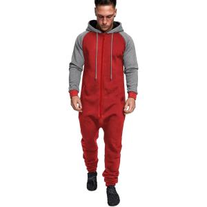 imageCOOFANDY Mens Jumpsuit Onesie Rompers Drawtsring Hooded Full Zip One Piece Tracksuit with PocketsWine Red  Grey