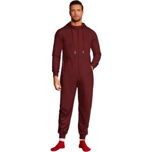 imageCOOFANDY Mens Jumpsuit Onesie Rompers Drawtsring Hooded Full Zip One Piece Tracksuit with PocketsWine Red