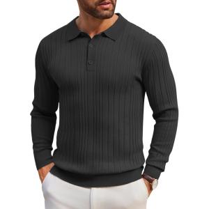 imageCOOFANDY Mens Knit Polo Shirts Long Sleeve Casual Button Down Ribbed Polo Shirt Fashion Golf ShirtsBlack