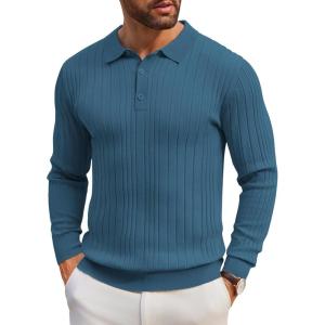 imageCOOFANDY Mens Knit Polo Shirts Long Sleeve Casual Button Down Ribbed Polo Shirt Fashion Golf ShirtsBlue