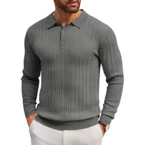 imageCOOFANDY Mens Knit Polo Shirts Long Sleeve Casual Button Down Ribbed Polo Shirt Fashion Golf ShirtsDark Grey