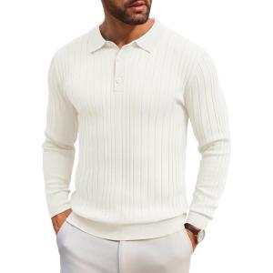 imageCOOFANDY Mens Knit Polo Shirts Long Sleeve Casual Button Down Ribbed Polo Shirt Fashion Golf ShirtsIvory