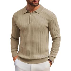 imageCOOFANDY Mens Knit Polo Shirts Long Sleeve Casual Button Down Ribbed Polo Shirt Fashion Golf ShirtsKhaki