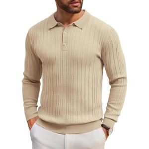 imageCOOFANDY Mens Knit Polo Shirts Long Sleeve Casual Button Down Ribbed Polo Shirt Fashion Golf ShirtsLight Khaki