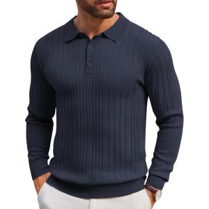 imageCOOFANDY Mens Knit Polo Shirts Long Sleeve Casual Button Down Ribbed Polo Shirt Fashion Golf ShirtsNavy Blue