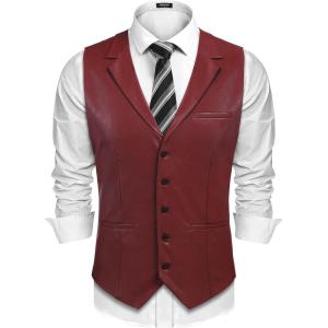 imageCOOFANDY Mens Leather Suit Vest Casual Western Vest Jacket Lightweight VNeck Dress WaistcoatsBurgundy