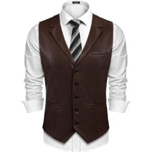 imageCOOFANDY Mens Leather Suit Vest Casual Western Vest Jacket Lightweight VNeck Dress WaistcoatsCoffee