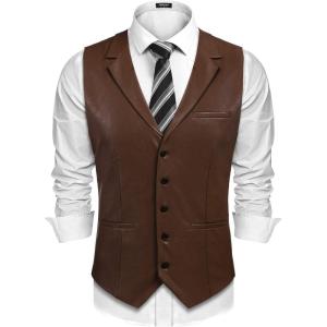 imageCOOFANDY Mens Leather Suit Vest Casual Western Vest Jacket Lightweight VNeck Dress WaistcoatsDark Brown