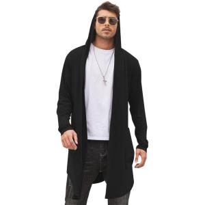 imageCOOFANDY Mens Long Hooded Cardigan Shawl Collar Lightweight Open Front Drape Cape Overcoat with PocketsBlack