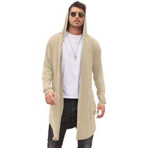 imageCOOFANDY Mens Long Hooded Cardigan Shawl Collar Lightweight Open Front Drape Cape Overcoat with PocketsKhaki