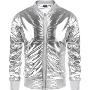 imageCOOFANDY Mens Metallic Jacket 70s Disco Party Varsity Jacket Zipup Baseball Bomber02silver