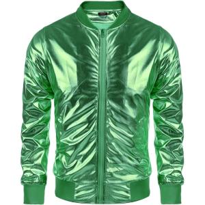 imageCOOFANDY Mens Metallic Jacket 70s Disco Party Varsity Jacket Zipup Baseball BomberGreen