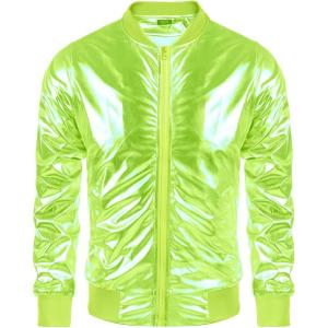 imageCOOFANDY Mens Metallic Jacket 70s Disco Party Varsity Jacket Zipup Baseball BomberLemon