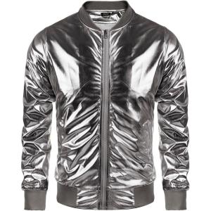 imageCOOFANDY Mens Metallic Jacket 70s Disco Party Varsity Jacket Zipup Baseball BomberLuxurious Grey