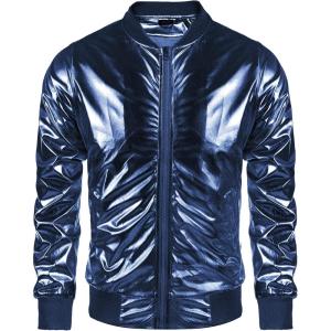 imageCOOFANDY Mens Metallic Jacket 70s Disco Party Varsity Jacket Zipup Baseball BomberNavy Blue