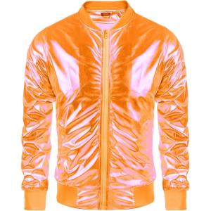 imageCOOFANDY Mens Metallic Jacket 70s Disco Party Varsity Jacket Zipup Baseball BomberOrange