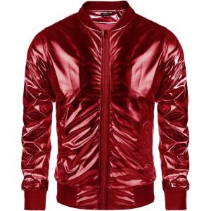 imageCOOFANDY Mens Metallic Jacket 70s Disco Party Varsity Jacket Zipup Baseball BomberRed