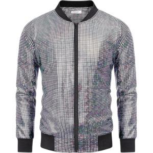 imageCOOFANDY Mens Metallic Jacket 70s Disco Party Varsity Jacket Zipup Baseball BomberSequined Laser Silver