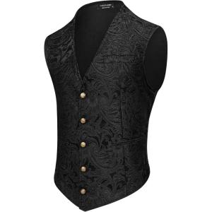 imageCOOFANDY Mens Paisley Tuxedo Vest Victorian Steampunk Gothic Suit Vest Slim Fit VNeck WaistcoatBlack
