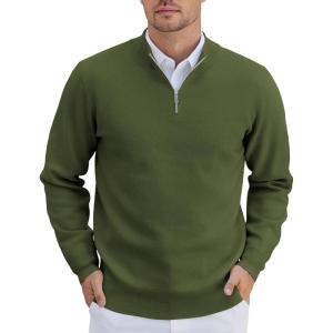 imageCOOFANDY Mens Quarter Zip Pullover Slim Fit Lightweight Knit Pullover Sweaters Casual Polo SweaterArmy Green