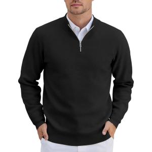 imageCOOFANDY Mens Quarter Zip Pullover Slim Fit Lightweight Knit Pullover Sweaters Casual Polo SweaterBlack