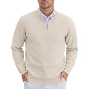imageCOOFANDY Mens Quarter Zip Pullover Slim Fit Lightweight Knit Pullover Sweaters Casual Polo SweaterCream