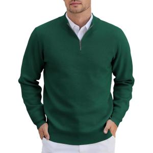 imageCOOFANDY Mens Quarter Zip Pullover Slim Fit Lightweight Knit Pullover Sweaters Casual Polo SweaterGreen