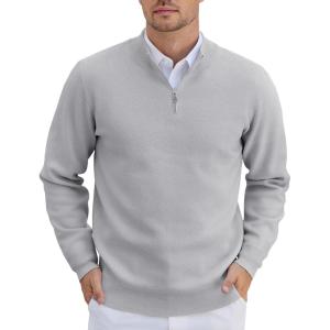 imageCOOFANDY Mens Quarter Zip Pullover Slim Fit Lightweight Knit Pullover Sweaters Casual Polo SweaterLight Gray