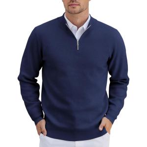 imageCOOFANDY Mens Quarter Zip Pullover Slim Fit Lightweight Knit Pullover Sweaters Casual Polo SweaterNavy Blue