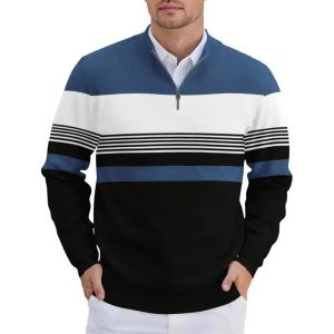 imageCOOFANDY Mens Quarter Zip Pullover Slim Fit Lightweight Knit Pullover Sweaters Casual Polo SweaterStripeblueblackwhite