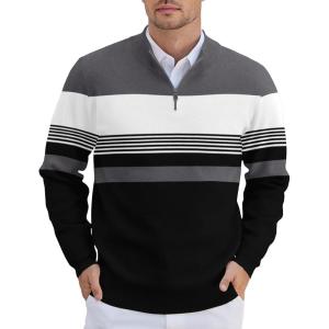 imageCOOFANDY Mens Quarter Zip Pullover Slim Fit Lightweight Knit Pullover Sweaters Casual Polo SweaterStripegreyblackwhite