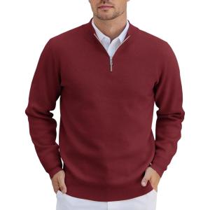 imageCOOFANDY Mens Quarter Zip Pullover Slim Fit Lightweight Knit Pullover Sweaters Casual Polo SweaterWine Red