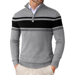 imageCOOFANDY Mens Quarter Zip Up Sweaters Slim Fit Lightweight Mock Neck Pullover Casual Polo SweatersBlack  Heather Grey