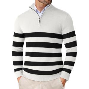 imageCOOFANDY Mens Quarter Zip Up Sweaters Slim Fit Lightweight Mock Neck Pullover Casual Polo SweatersBlack  White Stripe